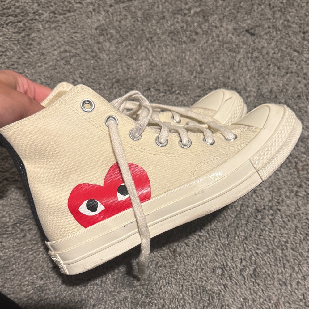 Comme des Garcons Cream and Red High-Top Converse Sneakers